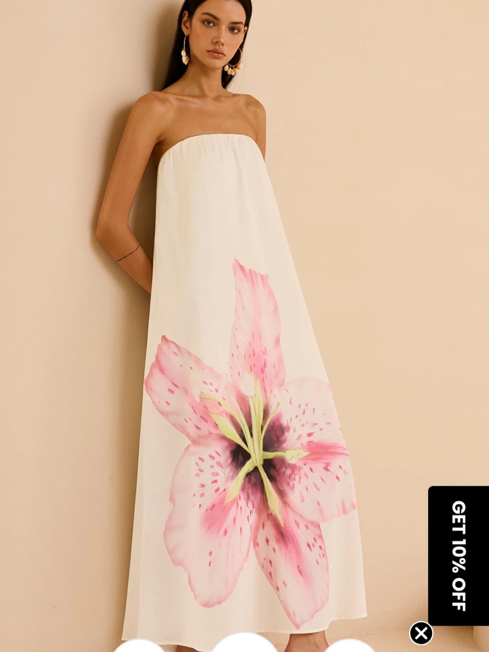 Commense White Strapless Dress with Pink Floral Border